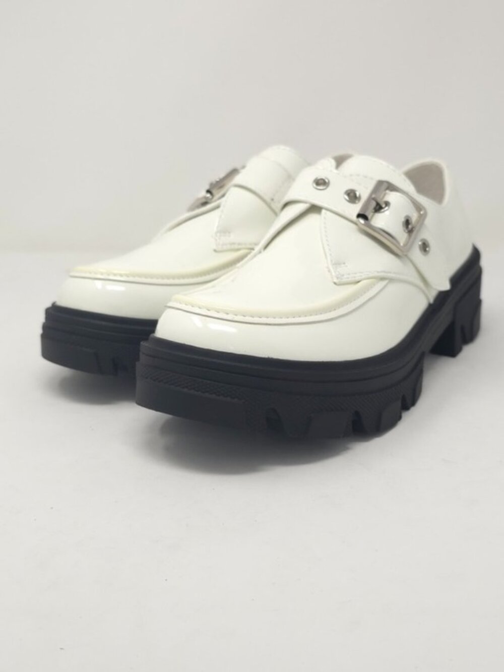 White Chunky Platform Loafers Buckle Strap Lug Sole Slip On Casual Trendy